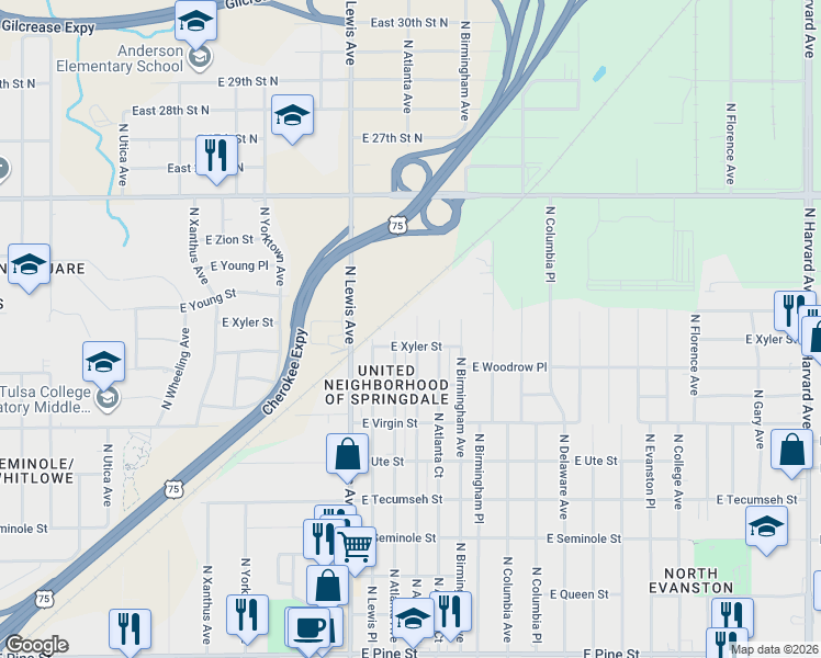 map of restaurants, bars, coffee shops, grocery stores, and more near 2315 North Atlanta Avenue in Tulsa