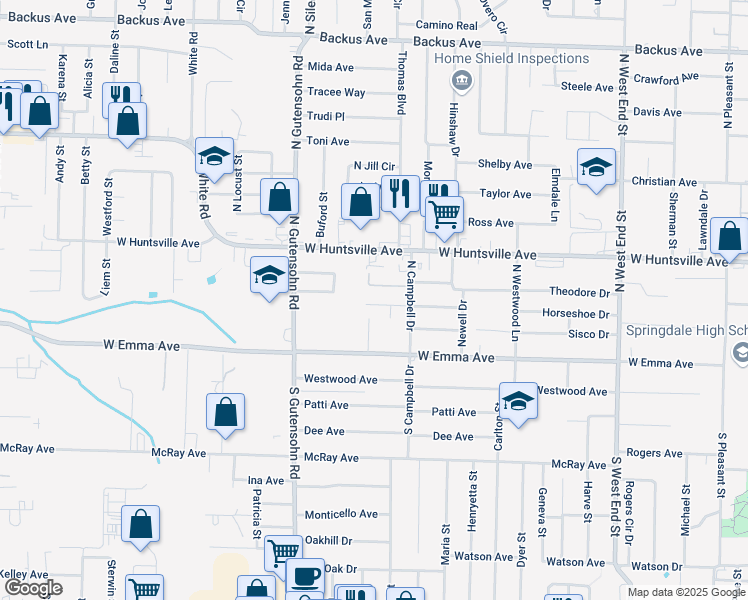 map of restaurants, bars, coffee shops, grocery stores, and more near 2006 Horseshoe Drive in Springdale