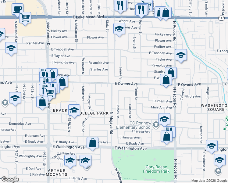 map of restaurants, bars, coffee shops, grocery stores, and more near 1516 North Mojave Road in Las Vegas
