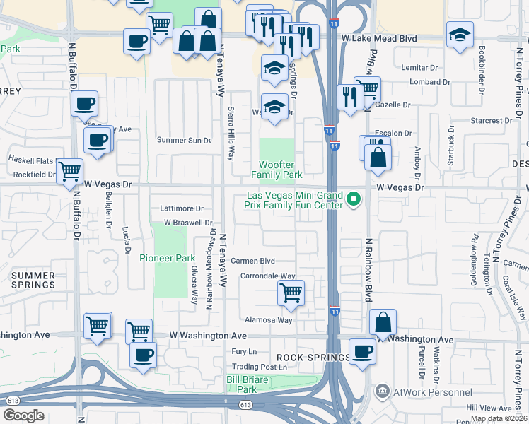 map of restaurants, bars, coffee shops, grocery stores, and more near 7028 Brown Derby Circle in Las Vegas