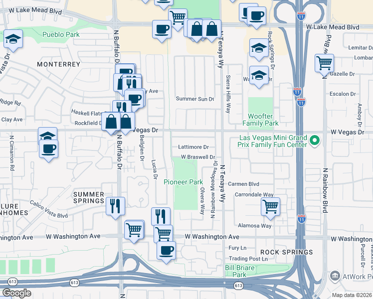 map of restaurants, bars, coffee shops, grocery stores, and more near 7417 Lattimore Drive in Las Vegas