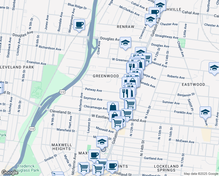 map of restaurants, bars, coffee shops, grocery stores, and more near 1031 Petway Avenue in Nashville