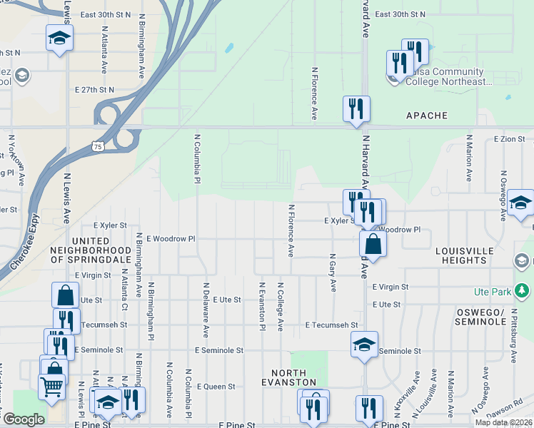map of restaurants, bars, coffee shops, grocery stores, and more near 2268 North Evanston Place in Tulsa