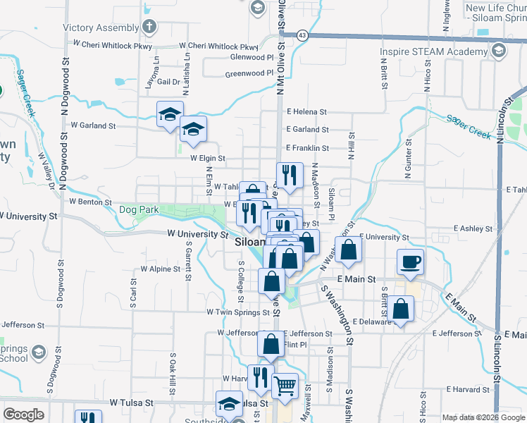 map of restaurants, bars, coffee shops, grocery stores, and more near 319 North Wright Street in Siloam Springs
