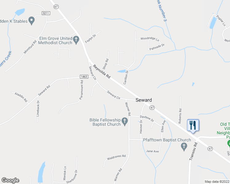 map of restaurants, bars, coffee shops, grocery stores, and more near 5291 Seward Circle in Pfafftown