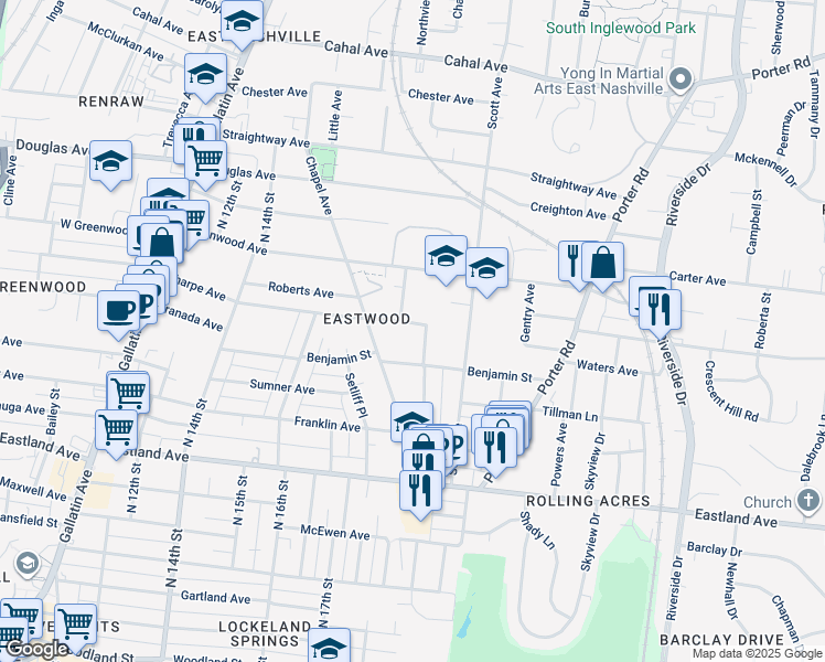 map of restaurants, bars, coffee shops, grocery stores, and more near 313 Manchester Avenue in Nashville