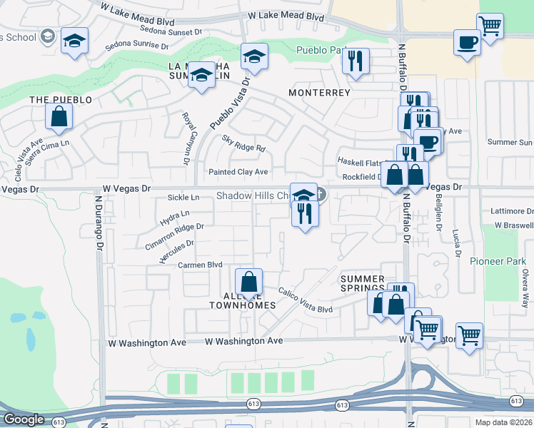 map of restaurants, bars, coffee shops, grocery stores, and more near 1409 Cinder Rock Drive in Las Vegas