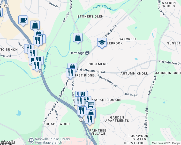 map of restaurants, bars, coffee shops, grocery stores, and more near 1000 Carriage Way Court in Nashville