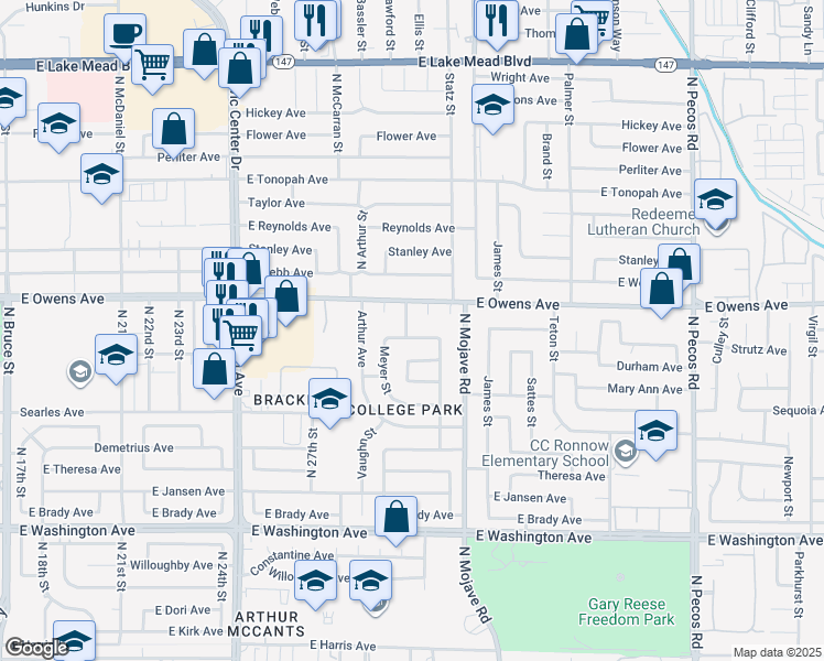 map of restaurants, bars, coffee shops, grocery stores, and more near 2901 Armin Avenue in Las Vegas