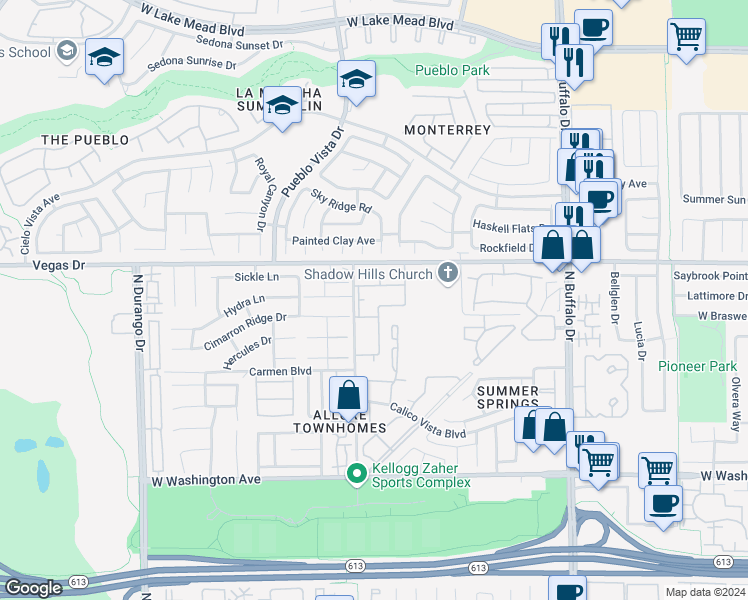 map of restaurants, bars, coffee shops, grocery stores, and more near 1409 Cinder Rock Drive in Las Vegas