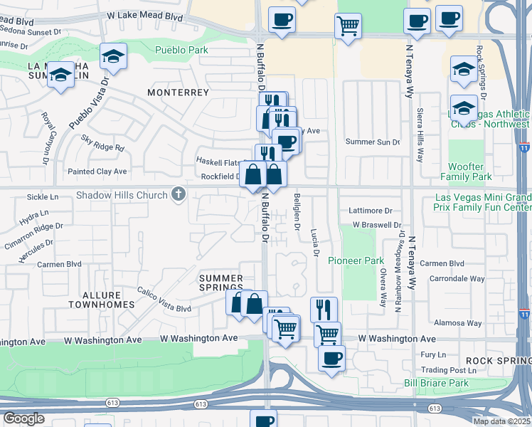map of restaurants, bars, coffee shops, grocery stores, and more near 1500 N Buffalo Dr in Las Vegas