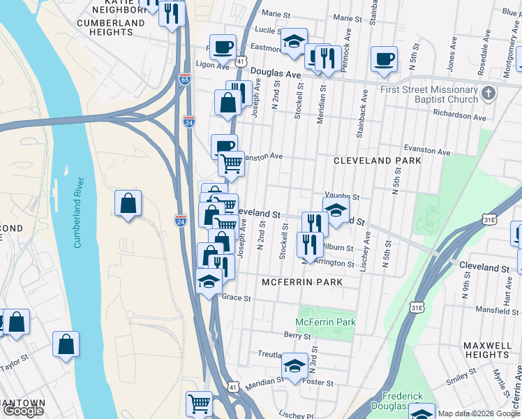 map of restaurants, bars, coffee shops, grocery stores, and more near 127 Cleveland Street in Nashville