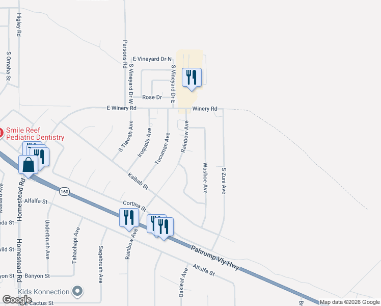 map of restaurants, bars, coffee shops, grocery stores, and more near 2201 Rainbow Avenue in Pahrump