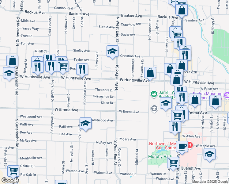 map of restaurants, bars, coffee shops, grocery stores, and more near 230 North West End Street in Springdale