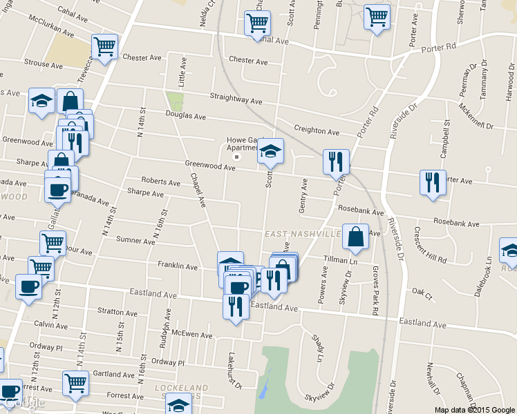 map of restaurants, bars, coffee shops, grocery stores, and more near 313 Scott Avenue in Nashville