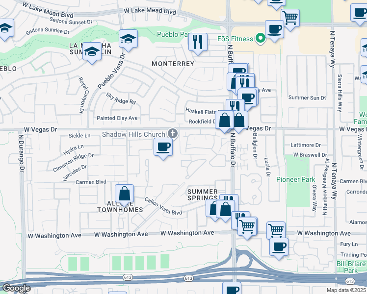 map of restaurants, bars, coffee shops, grocery stores, and more near 1505 Blackcombe Street in Las Vegas