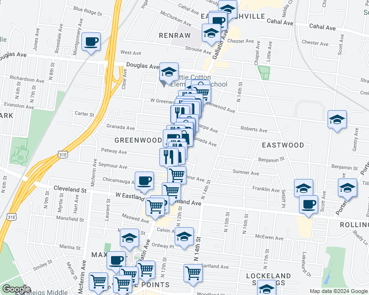 map of restaurants, bars, coffee shops, grocery stores, and more near 921 Gallatin Avenue in Nashville