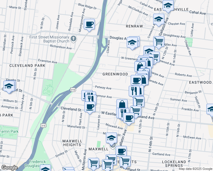 map of restaurants, bars, coffee shops, grocery stores, and more near 1003 Petway Avenue in Nashville
