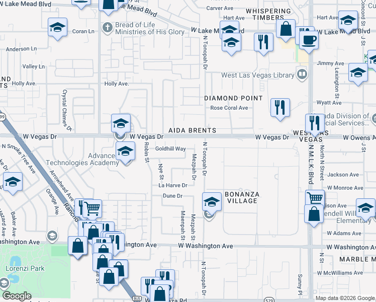 map of restaurants, bars, coffee shops, grocery stores, and more near 1424 Maenpah Way in Las Vegas