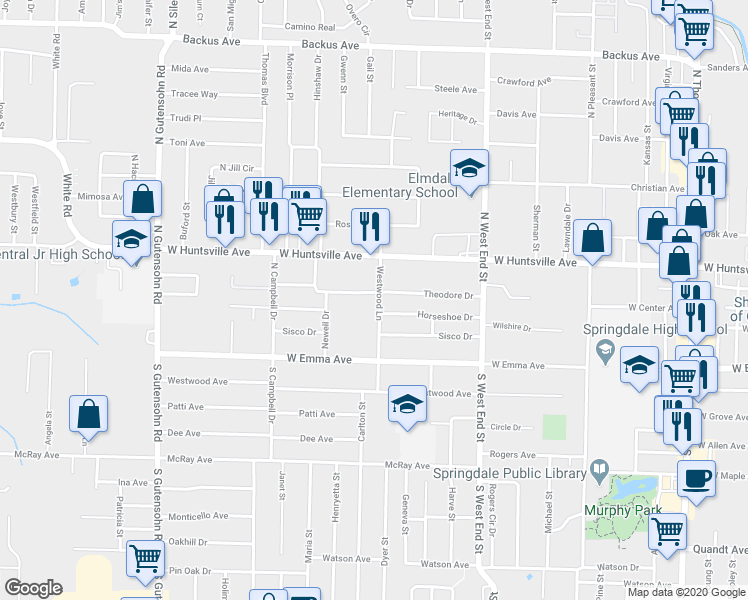map of restaurants, bars, coffee shops, grocery stores, and more near 1801 Theodore Drive in Springdale