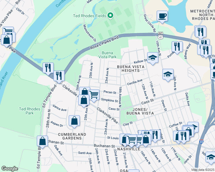 map of restaurants, bars, coffee shops, grocery stores, and more near 1721 McKinney Avenue in Nashville