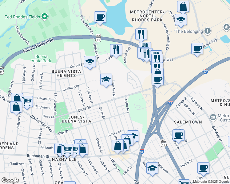map of restaurants, bars, coffee shops, grocery stores, and more near 2110 9th Avenue North in Nashville