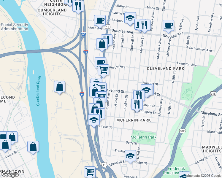 map of restaurants, bars, coffee shops, grocery stores, and more near 121 Cleveland Street in Nashville
