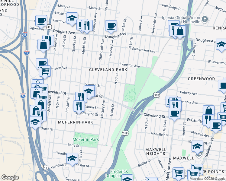map of restaurants, bars, coffee shops, grocery stores, and more near 916 North 5th Street in Nashville