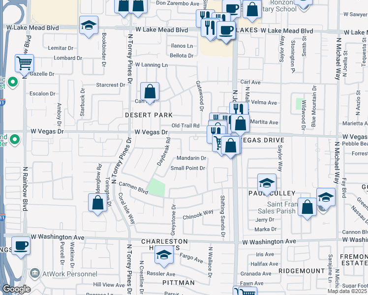 map of restaurants, bars, coffee shops, grocery stores, and more near 1524 Valley Crest Street in Las Vegas