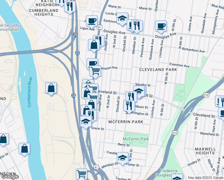 map of restaurants, bars, coffee shops, grocery stores, and more near 203A Cleveland Street in Nashville