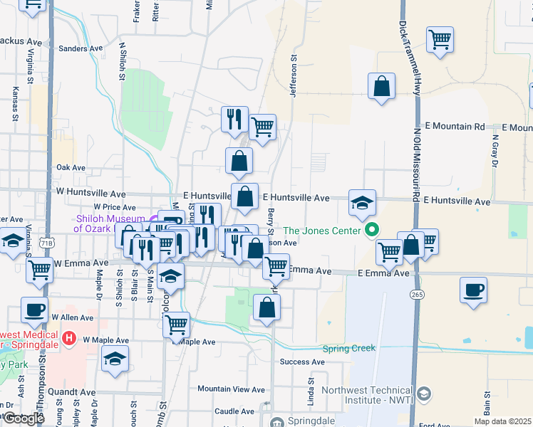 map of restaurants, bars, coffee shops, grocery stores, and more near 318 Berry Street in Springdale