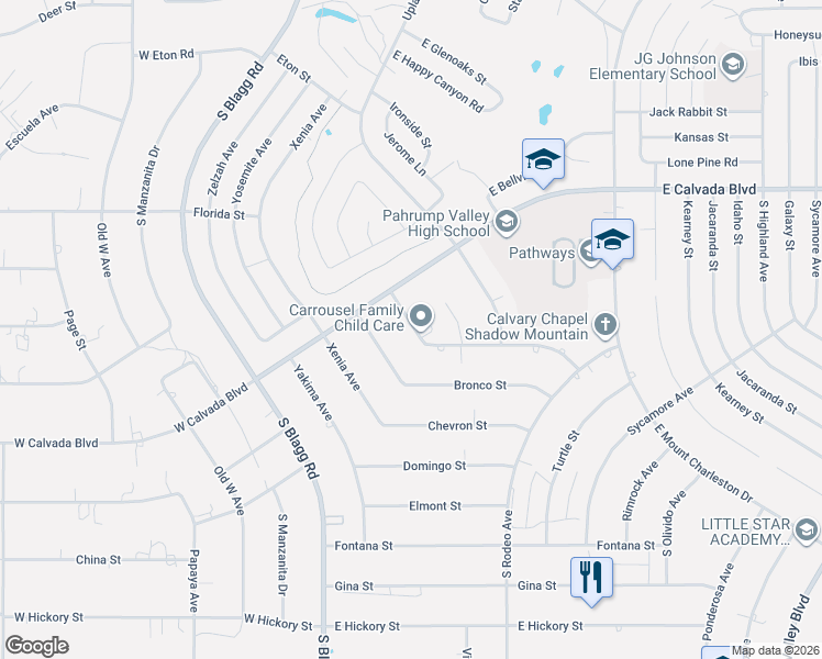 map of restaurants, bars, coffee shops, grocery stores, and more near 2180 Valentine Avenue in Pahrump