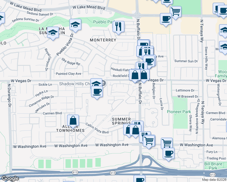 map of restaurants, bars, coffee shops, grocery stores, and more near 7708 Himalayas Avenue in Las Vegas