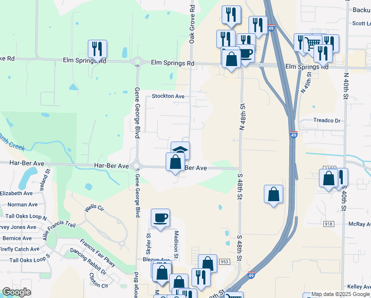 map of restaurants, bars, coffee shops, grocery stores, and more near 243 Milas Street in Springdale