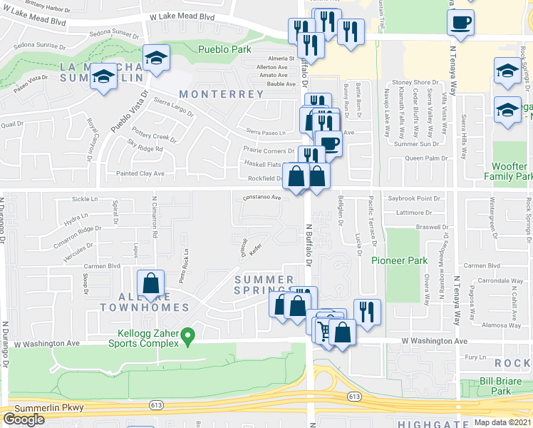 map of restaurants, bars, coffee shops, grocery stores, and more near 7708 Himalayas Avenue in Las Vegas