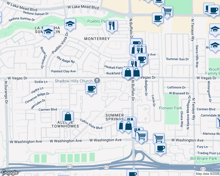 map of restaurants, bars, coffee shops, grocery stores, and more near 7708 Himalayas Avenue in Las Vegas