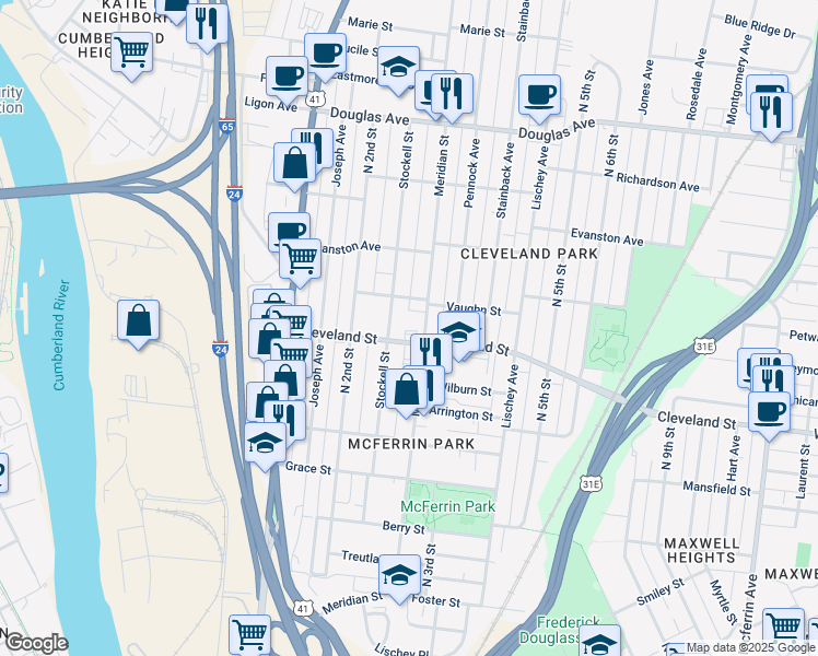 map of restaurants, bars, coffee shops, grocery stores, and more near 907 Stockell Street in Nashville