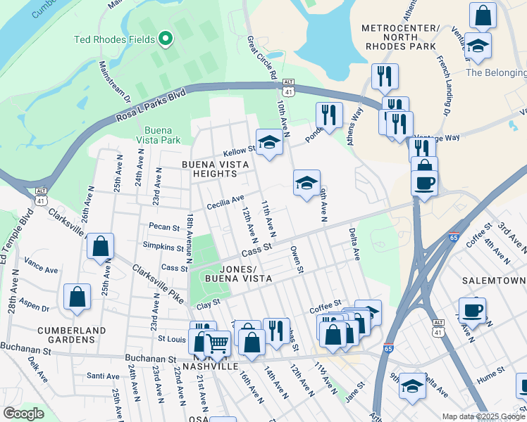 map of restaurants, bars, coffee shops, grocery stores, and more near 2127 11th Avenue North in Nashville