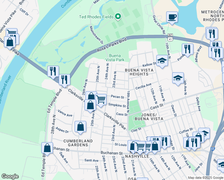 map of restaurants, bars, coffee shops, grocery stores, and more near 1721 McKinney Avenue in Nashville