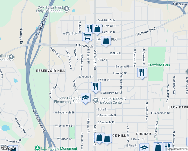 map of restaurants, bars, coffee shops, grocery stores, and more near 137 East Young Street in Tulsa