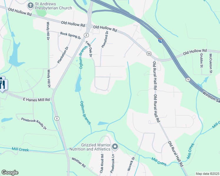 map of restaurants, bars, coffee shops, grocery stores, and more near 1272 Twin Oak Drive in Winston-Salem