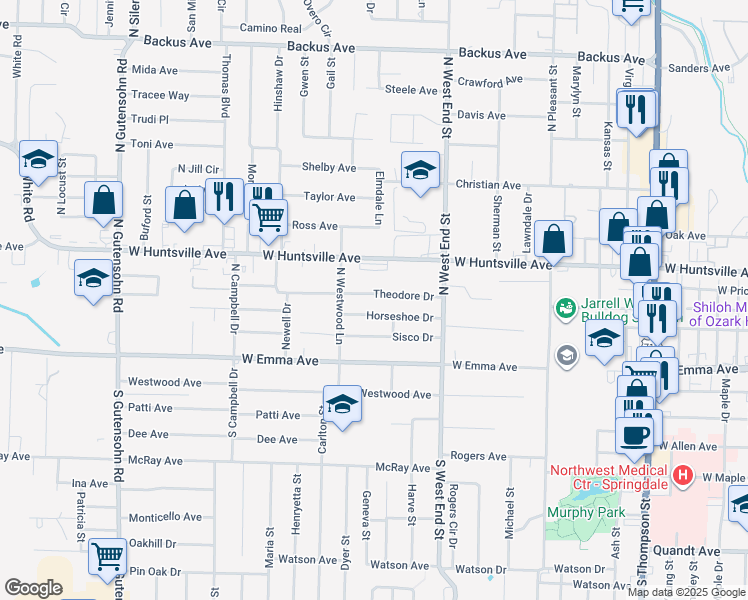 map of restaurants, bars, coffee shops, grocery stores, and more near 1707 Theodore Drive in Springdale