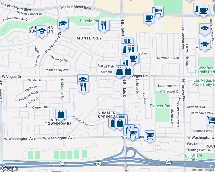 map of restaurants, bars, coffee shops, grocery stores, and more near 7708 Himalayas Avenue in Las Vegas