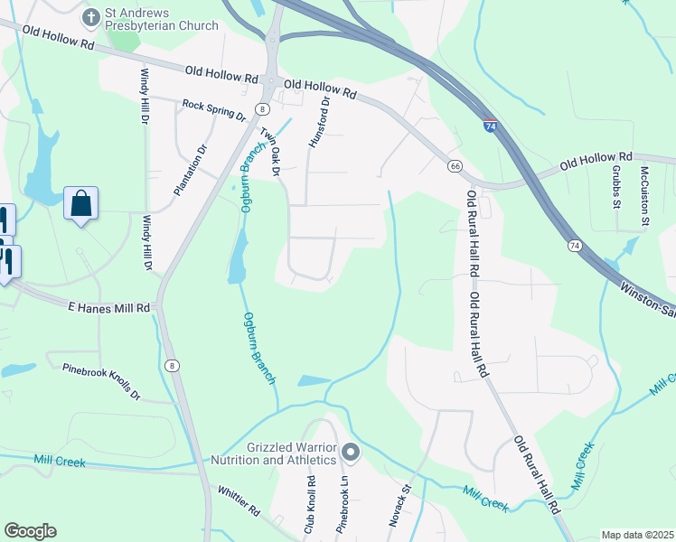 map of restaurants, bars, coffee shops, grocery stores, and more near 1272 Twin Oak Drive in Winston-Salem
