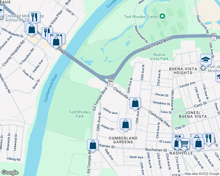 map of restaurants, bars, coffee shops, grocery stores, and more near 2721 Clarksville Pike in Nashville