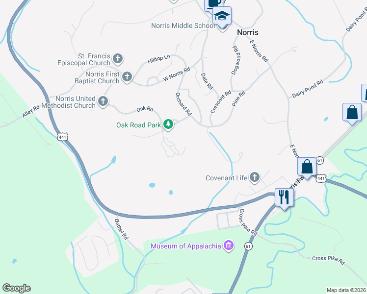 map of restaurants, bars, coffee shops, grocery stores, and more near 213 Oak Road in Powell