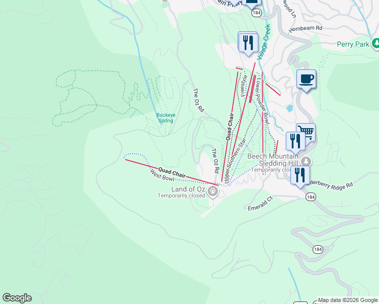 map of restaurants, bars, coffee shops, grocery stores, and more near 404 The Oz Road in Beech Mountain