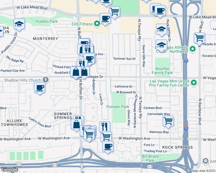map of restaurants, bars, coffee shops, grocery stores, and more near 1420 Pacific Terrace Drive in Las Vegas