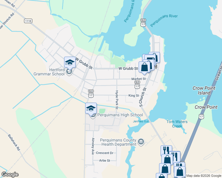 map of restaurants, bars, coffee shops, grocery stores, and more near 309 Dobbs Street in Hertford