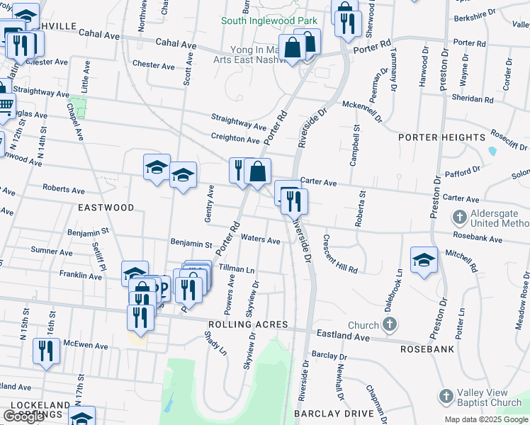 map of restaurants, bars, coffee shops, grocery stores, and more near 112C Rosebank Avenue in Nashville